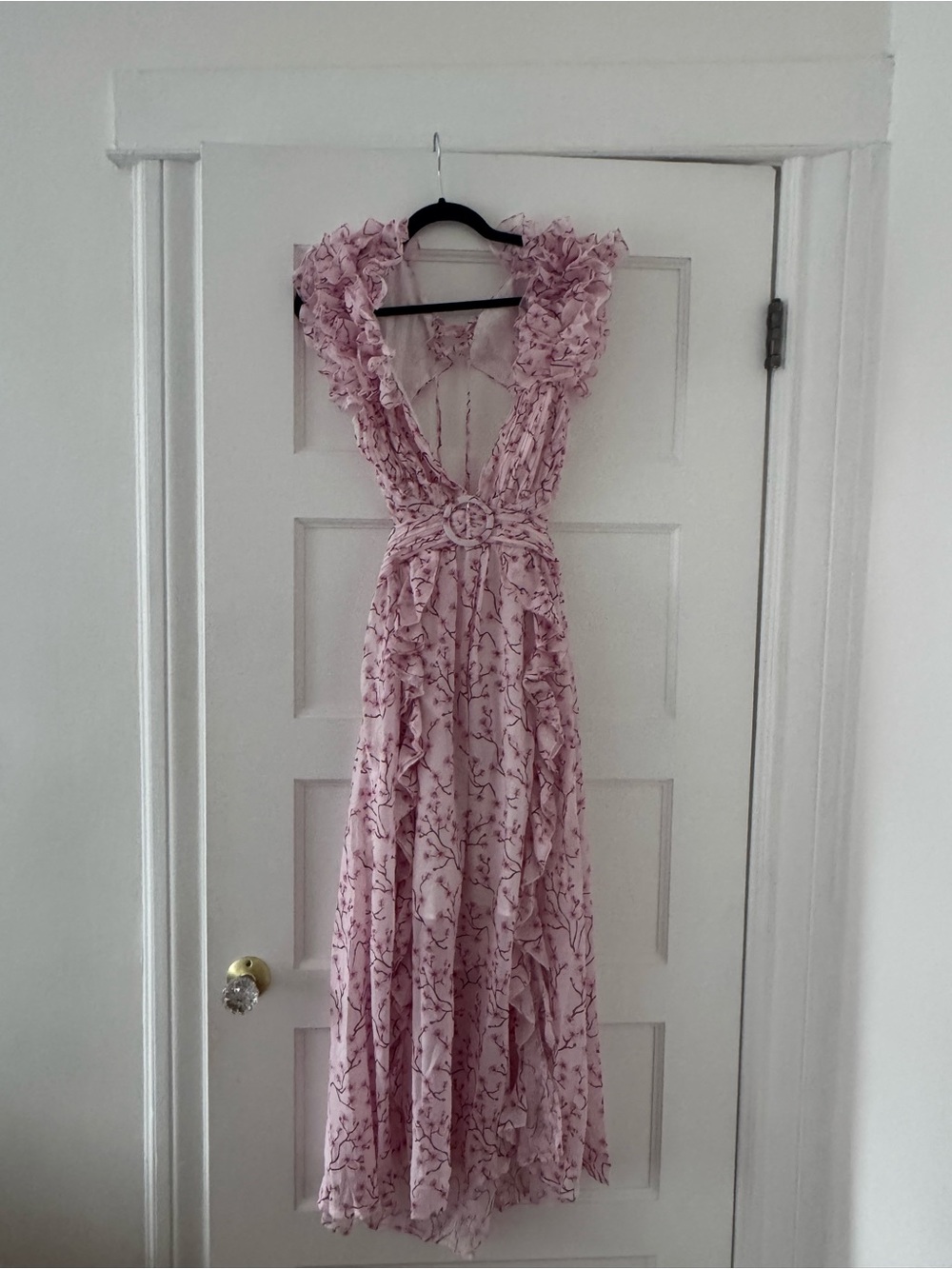 Ruffled Pink Floral Maxi Dress with Belted Waist